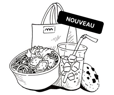Dessin crayonné d'une salade, un cookie et une boisson avec un sac à emporter et la mention Nouveau